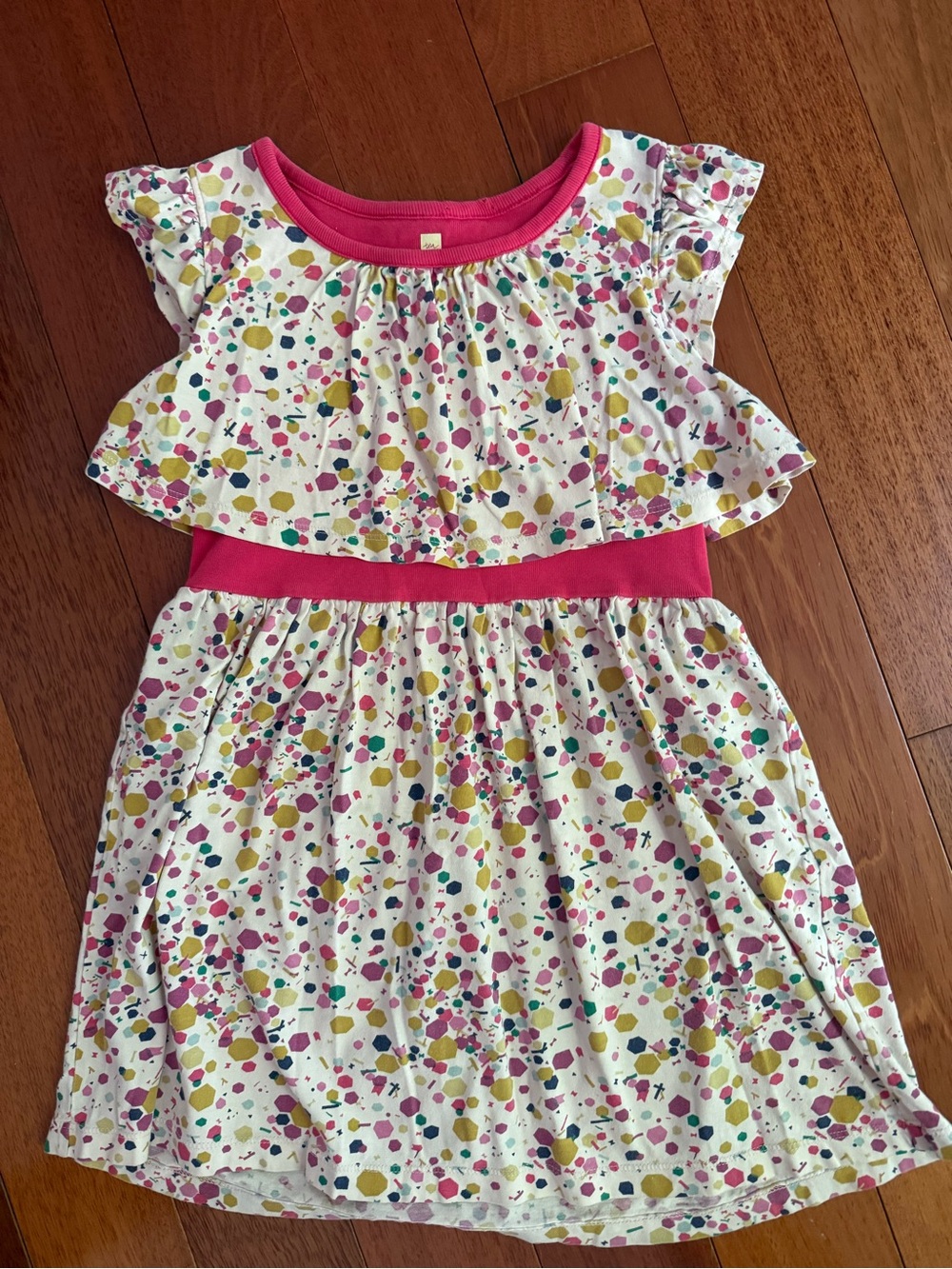 Tea Collection Cream Confetti Dress with Hot Pink Trim